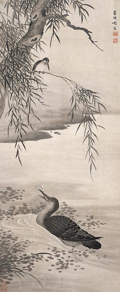 胡湄 柳塘水凫图 立轴 水墨纸本