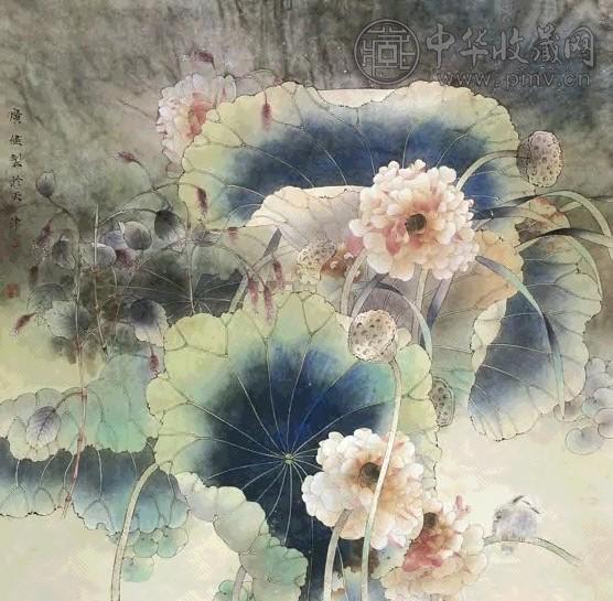 贾广健 荷花小鸟 镜心 纸本