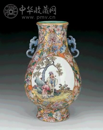 民国 金地万花开光陶公采菊纹双耳尊