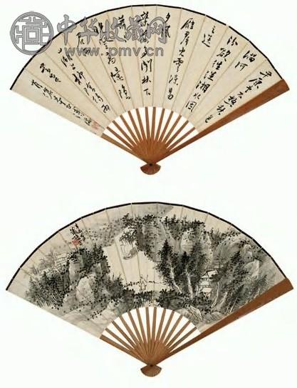 萧愻 1931年作 舟汀隐逸图并草书七言诗 扇面 水墨纸本