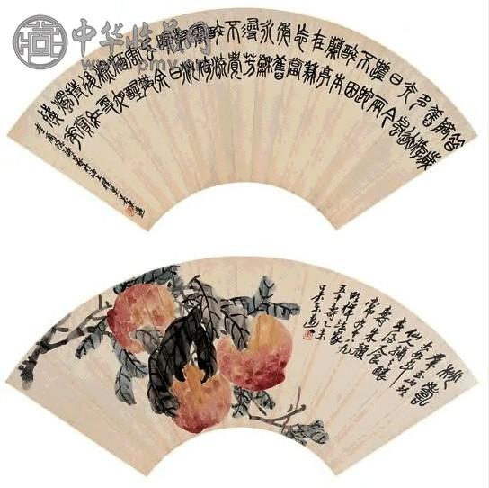 吴东迈 乙未(1955)年作 桃寿图并篆书李商隐诗 镜心 设色纸本