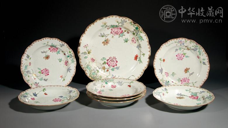 清乾隆 粉彩牡丹纹深盘、浅盘一组(8件)