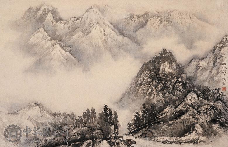 颜地 春山晓雪 立轴 设色纸本