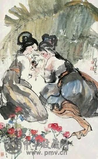 程十发 芭蕉美女图 立轴 设色纸本