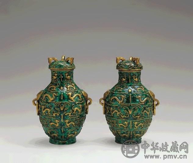 民国 古铜彩蟠螭兽面纹双耳尊