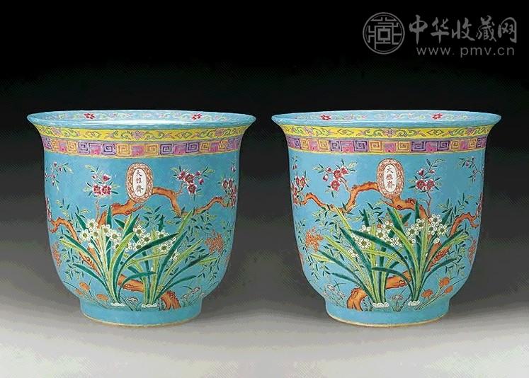 清 大雅斋粉彩松石地花卉纹花盆(1对)