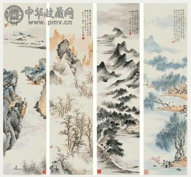 申石伽 1946年 古意山水(4件) 屏轴 设色纸本