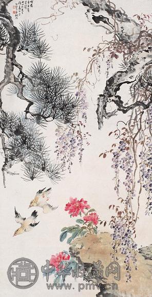 胡汀鹭 1928年作 花鸟 立轴 设色纸本