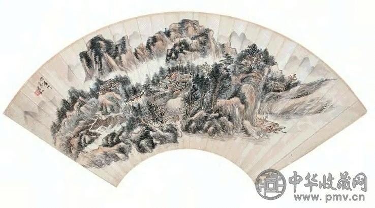 黄宾虹 山色熹微图 扇面 纸本设色