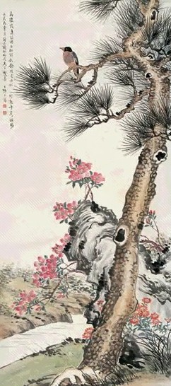 王师子 花鸟 立轴 设色纸本