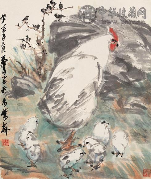 黄胄 癸亥(1983年)作 白鸡群雀 镜心 设色纸本