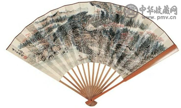 萧愻 1943年作 松壑渔隐图并行书 扇面 设色笺本