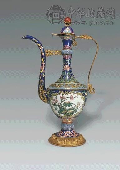 清末 铜胎画珐琅开光花卉执壶