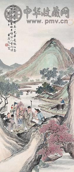 花元 1950年作 桃源问津 屏条 设色纸本