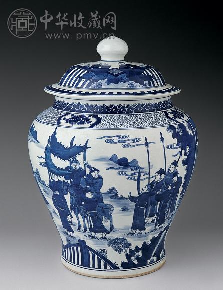 清 青花人物将军盖罐