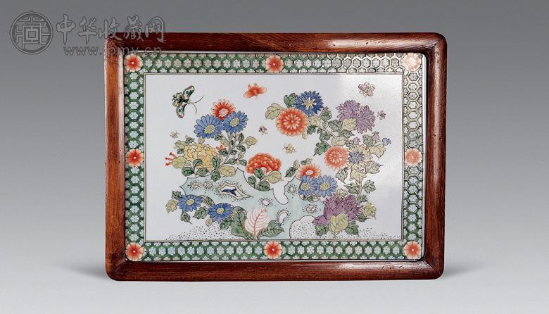 清道光 五彩花蝶瓷板