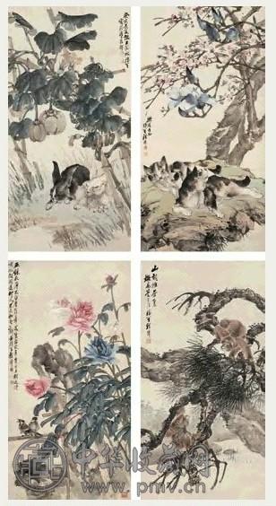 程璋 癸亥(1923年)作 花鸟走兽 四屏 设色纸本