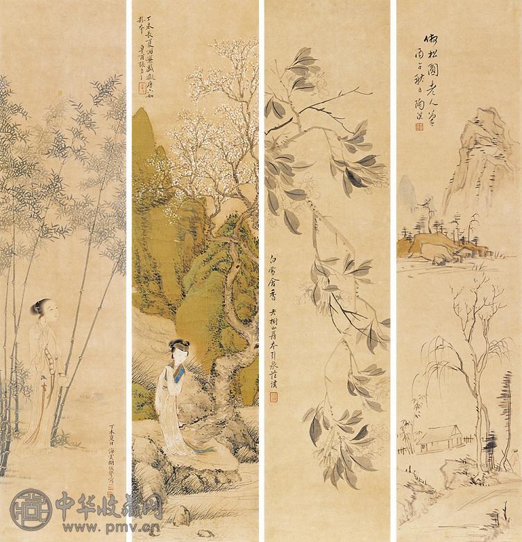 陶淇 范引泉 张卓甫等 丙午(1846年) 丁未(1847年)作 人物山水 四屏 设色绢本