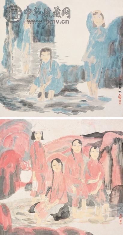 田黎明 阳光下的少女双帧(2帧) 镜心 设色纸本