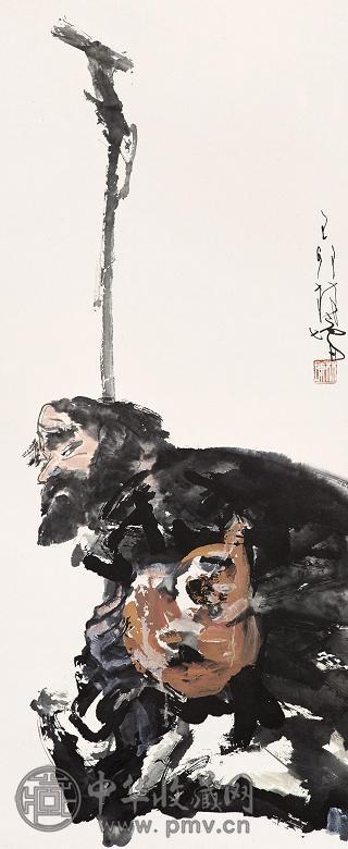 林墉 己卯(1999年)作 老人与葫芦 立轴 设色纸本