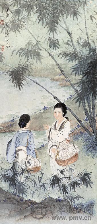 邓芬 辛丑(1961年)作 竹塘浣纱 镜心 设色纸本