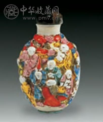 清乾隆 粉彩雕瓷十八罗汉烟壶