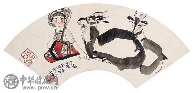 程十发 丁巳(1977年)作 大吉祥 扇面 设色纸本