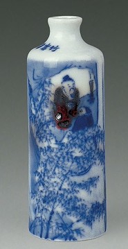 清光绪 青花釉里红“竹窗留月夜评茶”烟壶
