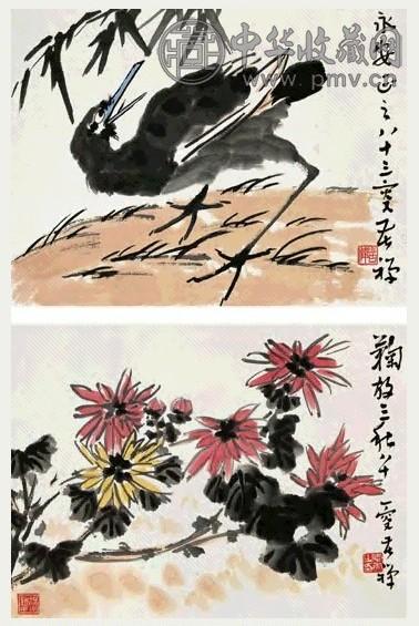 近现代 李苦禅 花鸟双挖 镜片