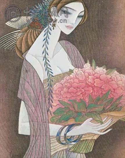 冯长江 捧花仕女 镜心 设色纸本