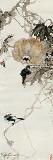 张书旂 番瓜小鸟图 立轴 设色纸本