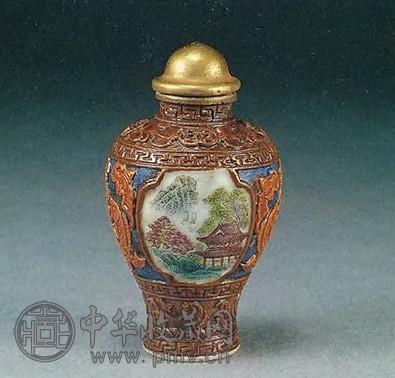 清道光 雕瓷开光山水鼻烟壶