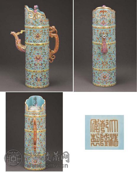 清乾隆 松石绿地粉彩花卉龙把多穆壶