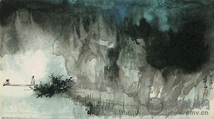 张大千 春江钓艇 镜框 泼墨泼彩纸卡