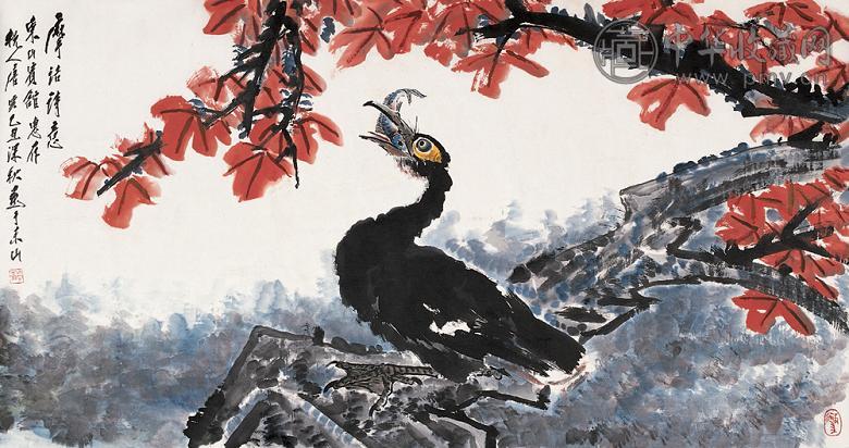 唐云 1985年作 枫叶小鸟 镜心 设色纸本