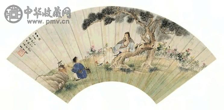 吴青霞 1944年作 秋读茗菊图 扇面 纸本设色