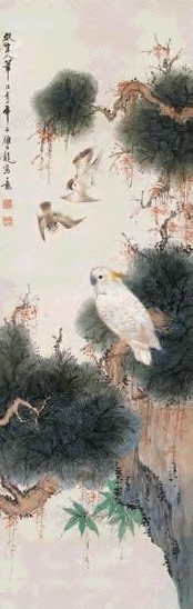 颜伯龙 鹦鹉双雀图 立轴 设色纸本