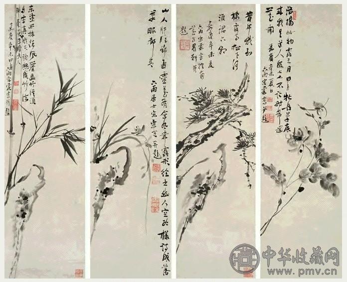 宋霖 嘉庆辛未(1811年)作 折枝花卉 四屏 水墨纸本