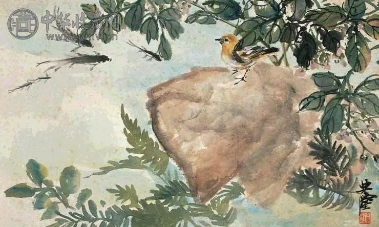 汪亚尘 鱼鸟相闻 立轴 设色纸本