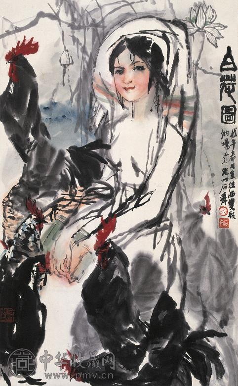 石齐 1978年作 白荷图 立轴 设色纸本