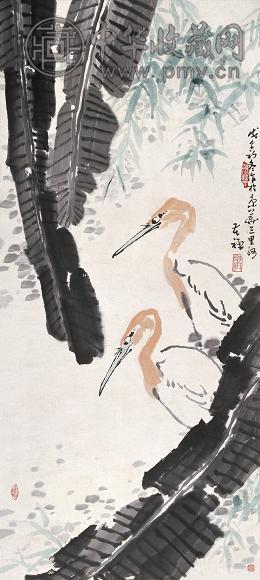 李苦禅 1978年作 芭蕉双鹭图 立轴 设色纸本