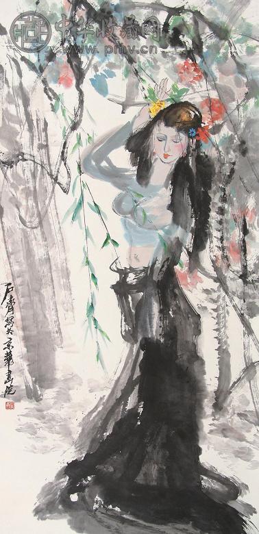 石齐 仕女 立轴 设色纸本