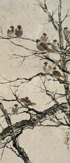 近现代 徐悲鸿 麻雀 镜片(带框)