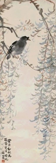 刘海粟 1933年 秋柳八哥 立轴 设色纸本