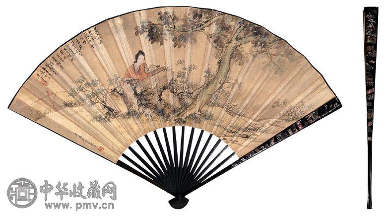 李子健 严炳 1857年作 枕琴思深 楷书 成扇 设色金笺本