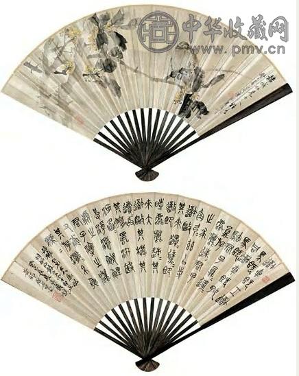 1893年 朱梦庐 蟾桂夜栖图并石鼓文 成扇 设色纸本