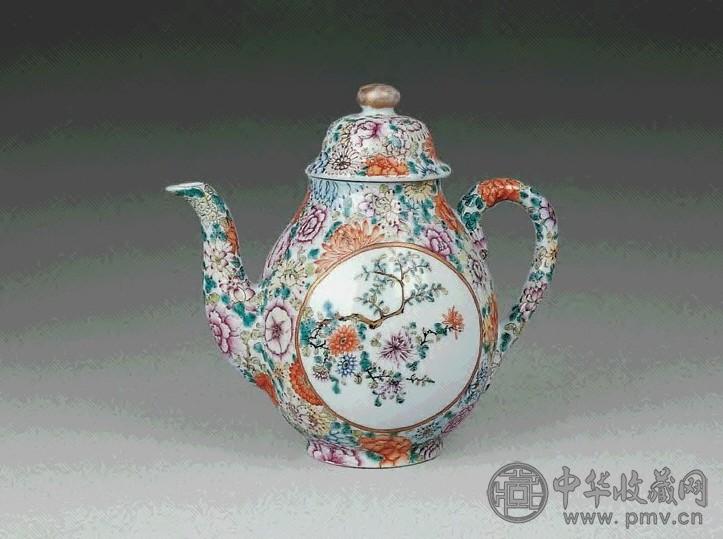 民国 粉彩开光花卉茶壶