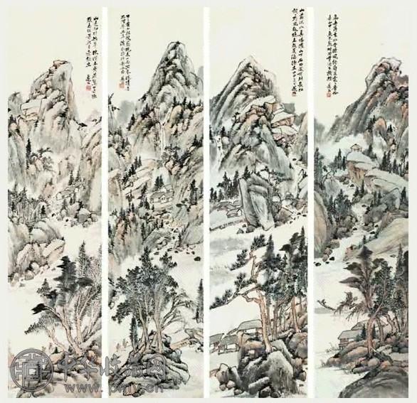 徐遂公 山水 四屏 设色纸本