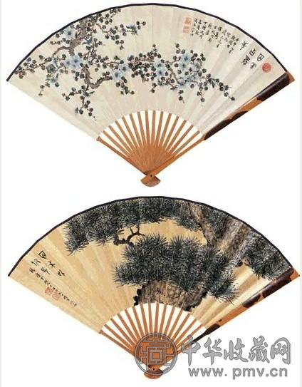 丁辅之 1942年作 寒梅寿松 扇面 设色金笺