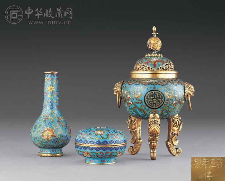 清乾隆 铜胎掐丝珐琅香炉、香盒、香瓶